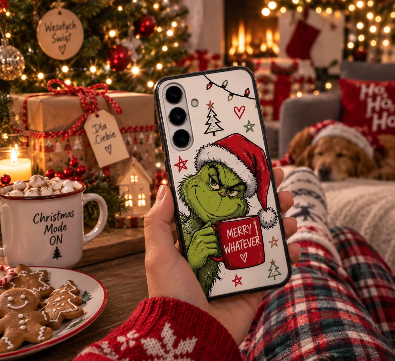 Świąteczne personalizowane etui z zieloną postacią w czapce Mikołaja